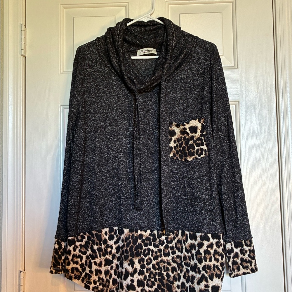 Chic Black and Leopard Cowl Neck Sweater